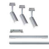 Three silver LED spotlights with rail adapter and two aluminum rail profiles for modern lighting solutions
