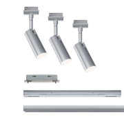 Three silver metal LED spotlights with adjustable heads for modern indoor lighting solutions