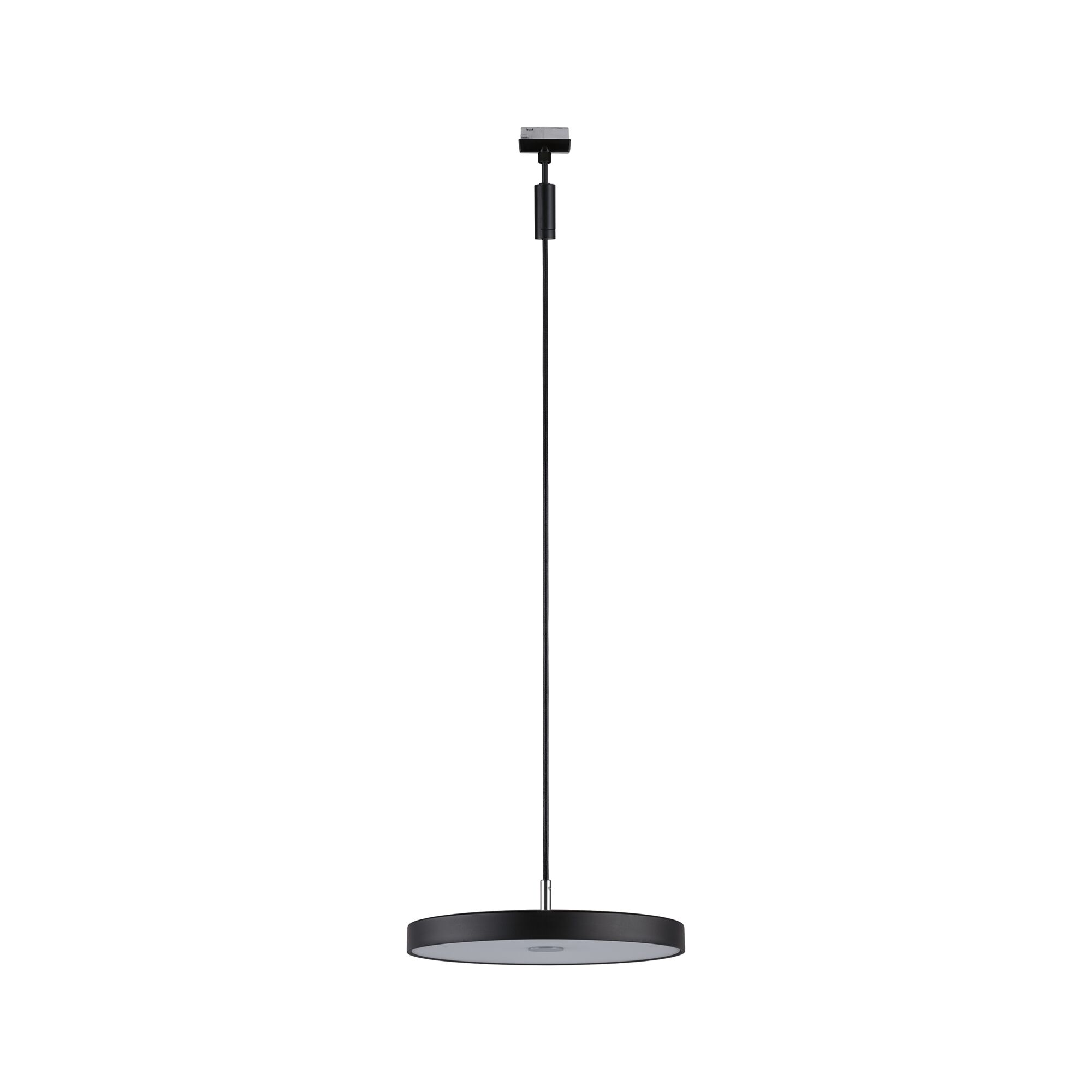 Black LED pendant light with round plastic diffuser for modern indoor lighting solutions