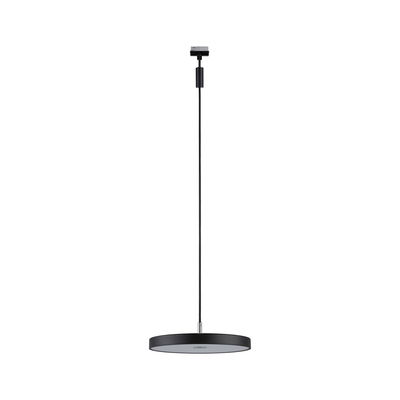 Black LED pendant light with round plastic diffuser for modern indoor lighting solutions