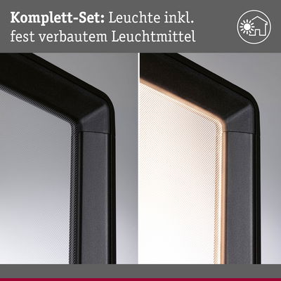 Schwarze LED-Leuchte mit integriertem Leuchtmittel, Detailansicht aus- und eingeschaltet
