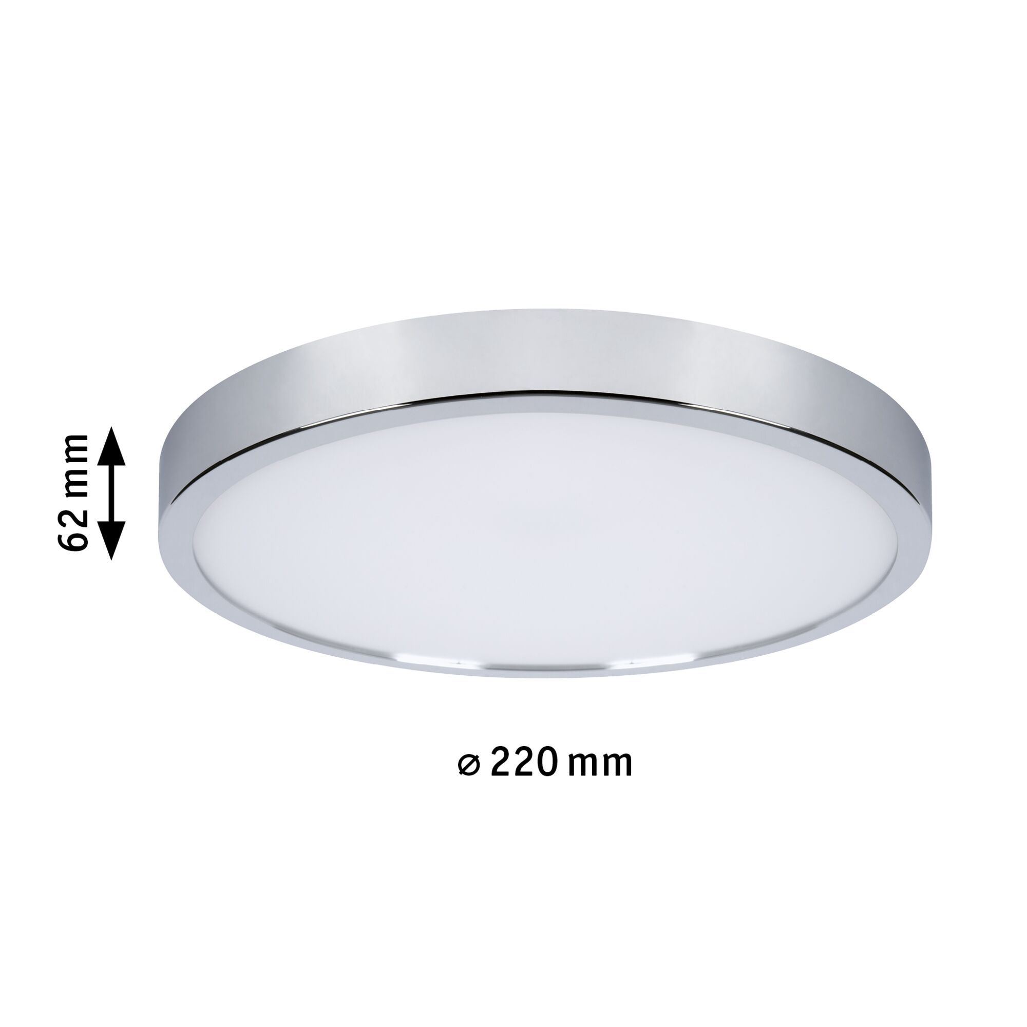 Round LED ceiling light with chrome frame and white diffuser, 220 mm diameter, 62 mm height