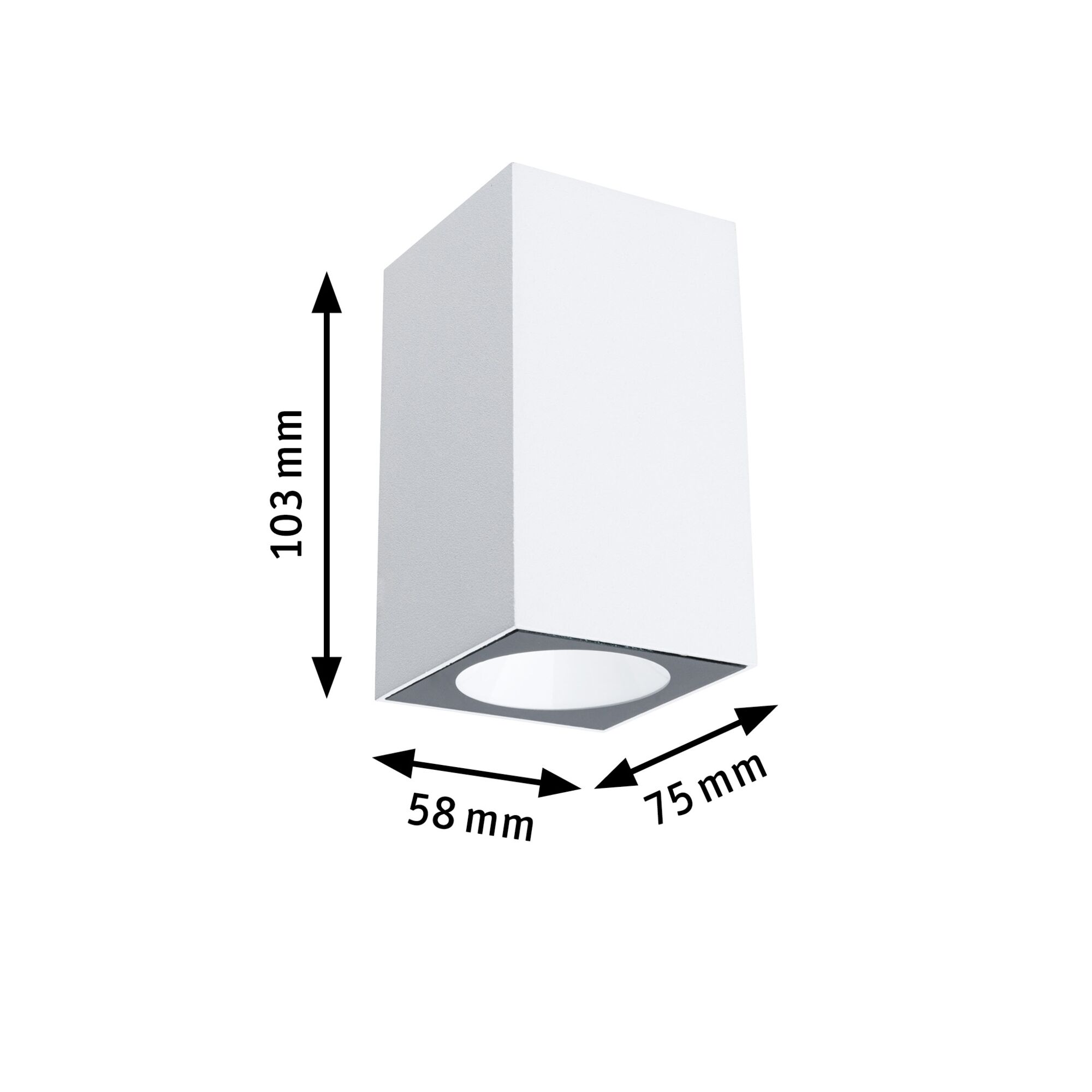 White rectangular metal ceiling spotlight measuring 103x75x58 mm for LED lighting