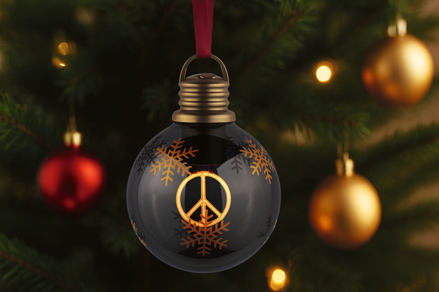 Batterieleuchte Weihnachtskugel Peace Braun, Gold 100mm 2200K