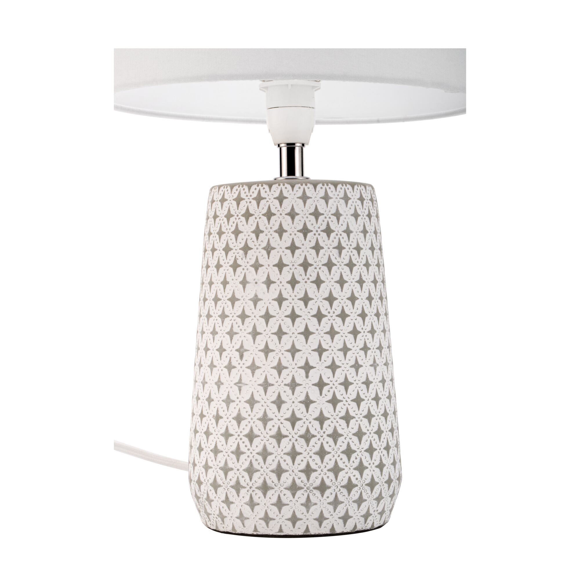 Ceramic table lamp with white fabric shade and grey pattern for stylish home lighting