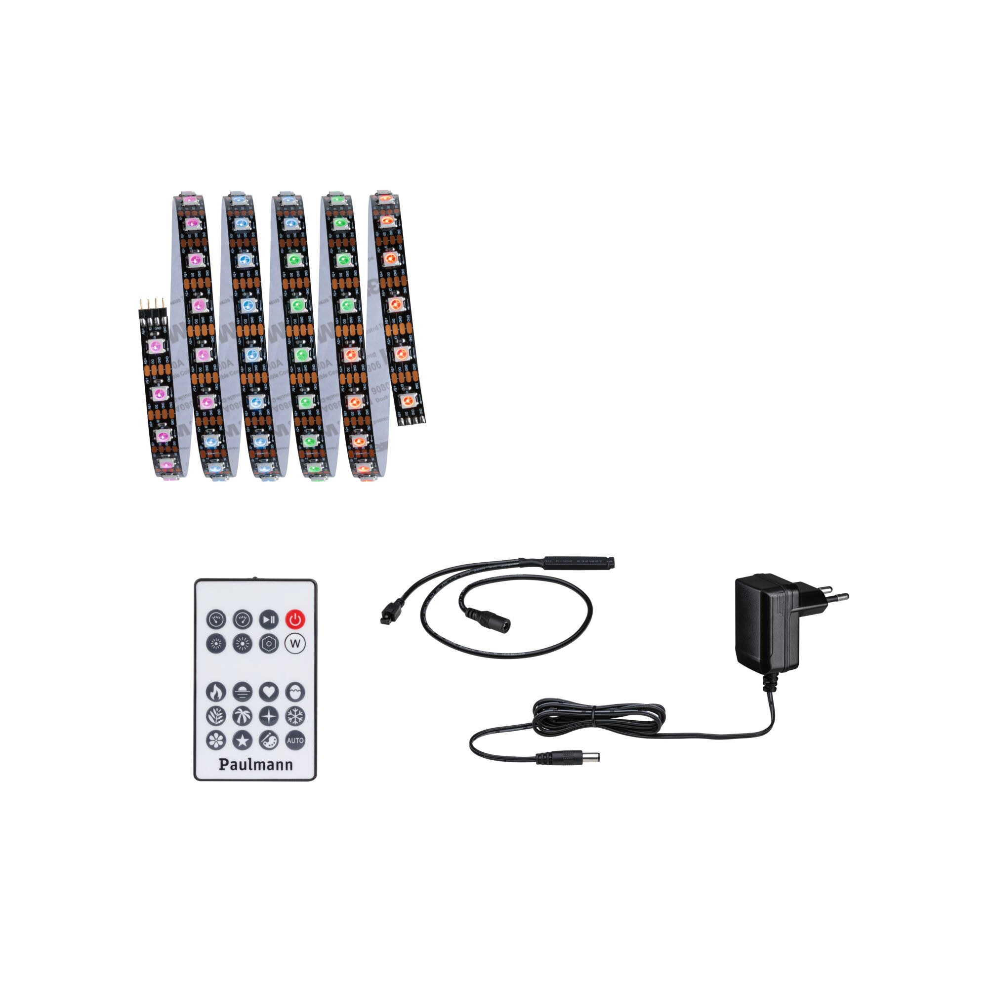 Bande LED multicolore avec télécommande, adaptateur secteur et câble pour éclairage flexible