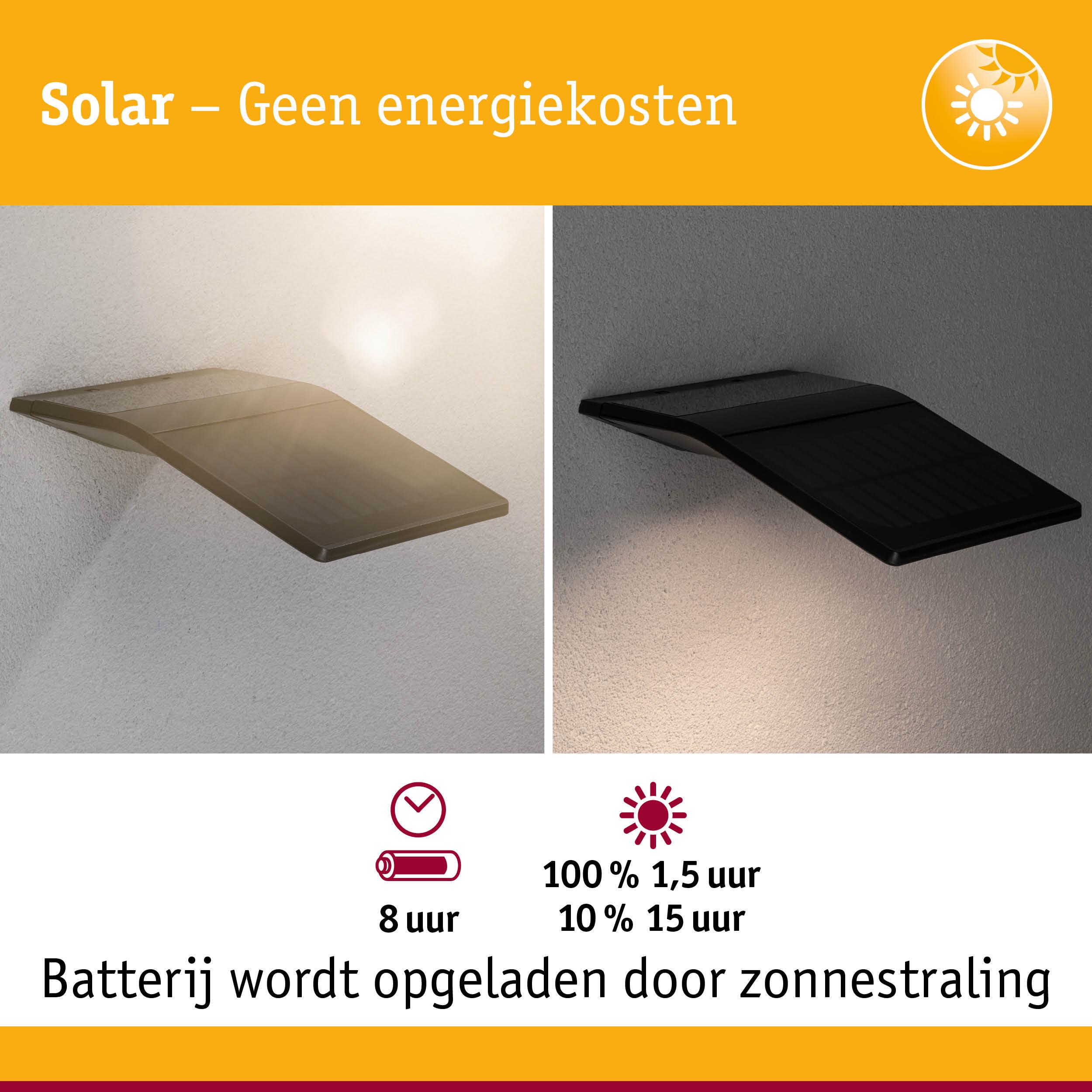 Zwarte solar wandlamp met geïntegreerd zonnepaneel en accu, energiezuinige buitenverlichting
