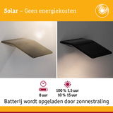 Zwarte solar wandlamp met geïntegreerd zonnepaneel en accu, energiezuinige buitenverlichting