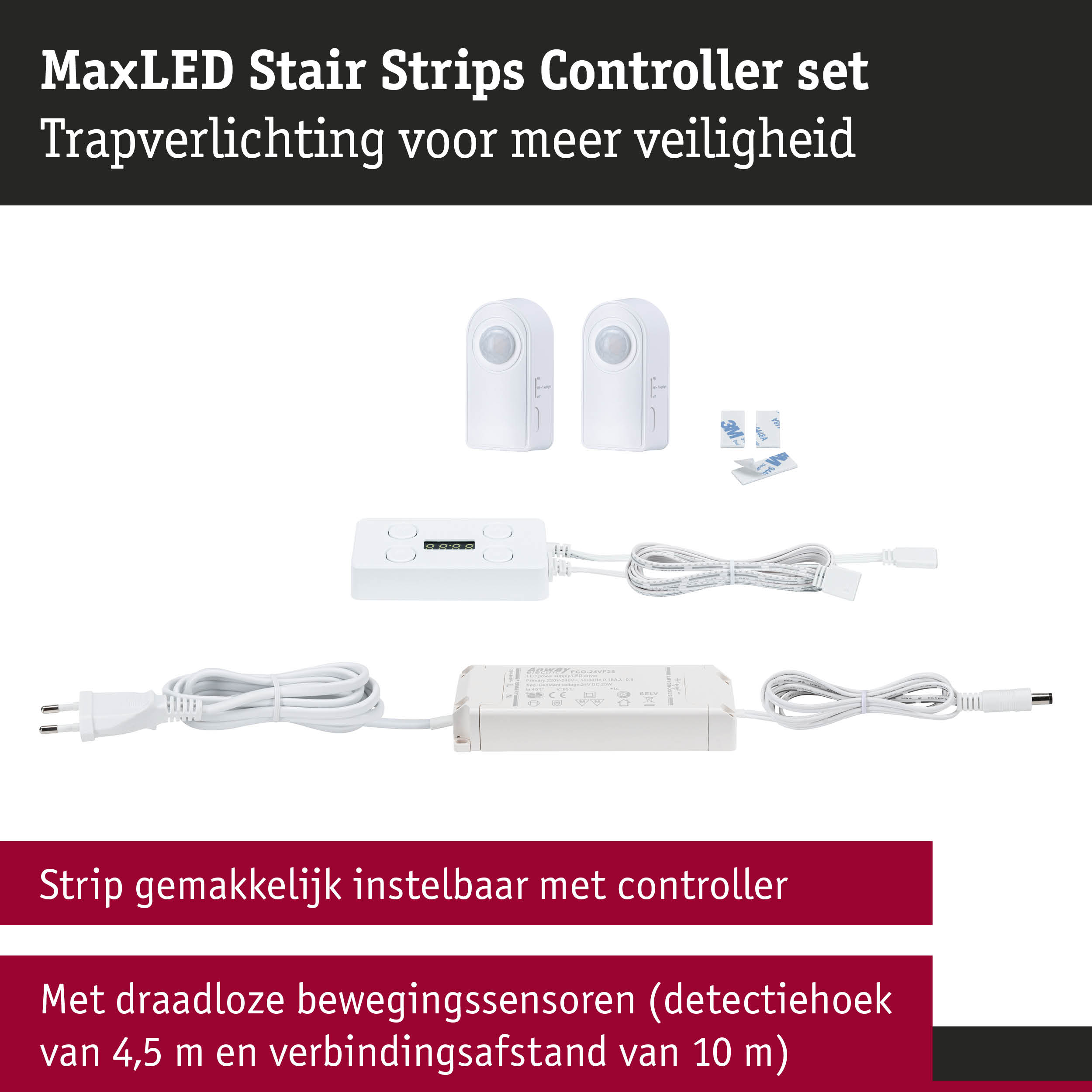 MaxLED trapverlichting controller set in wit met bewegingssensoren en kabels voor LED-strip bediening