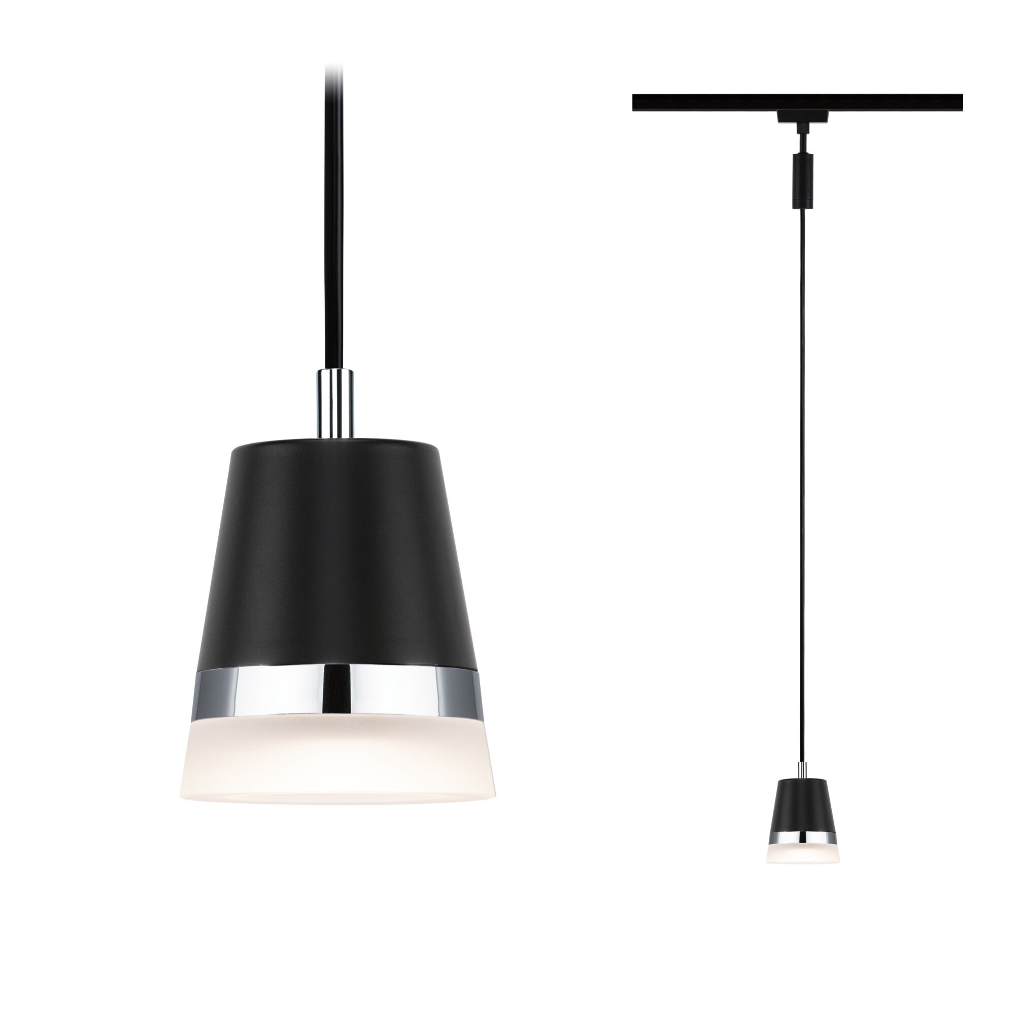 URail Suspension Cone GU10 max. 10W gradable 230V Noir mat Suspension noire en métal avec anneau chromé et verre blanc, lampe LED moderne pour intérieur