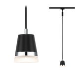 Black metal pendant light with chrome ring and white glass, modern LED hanging lamp for living spaces