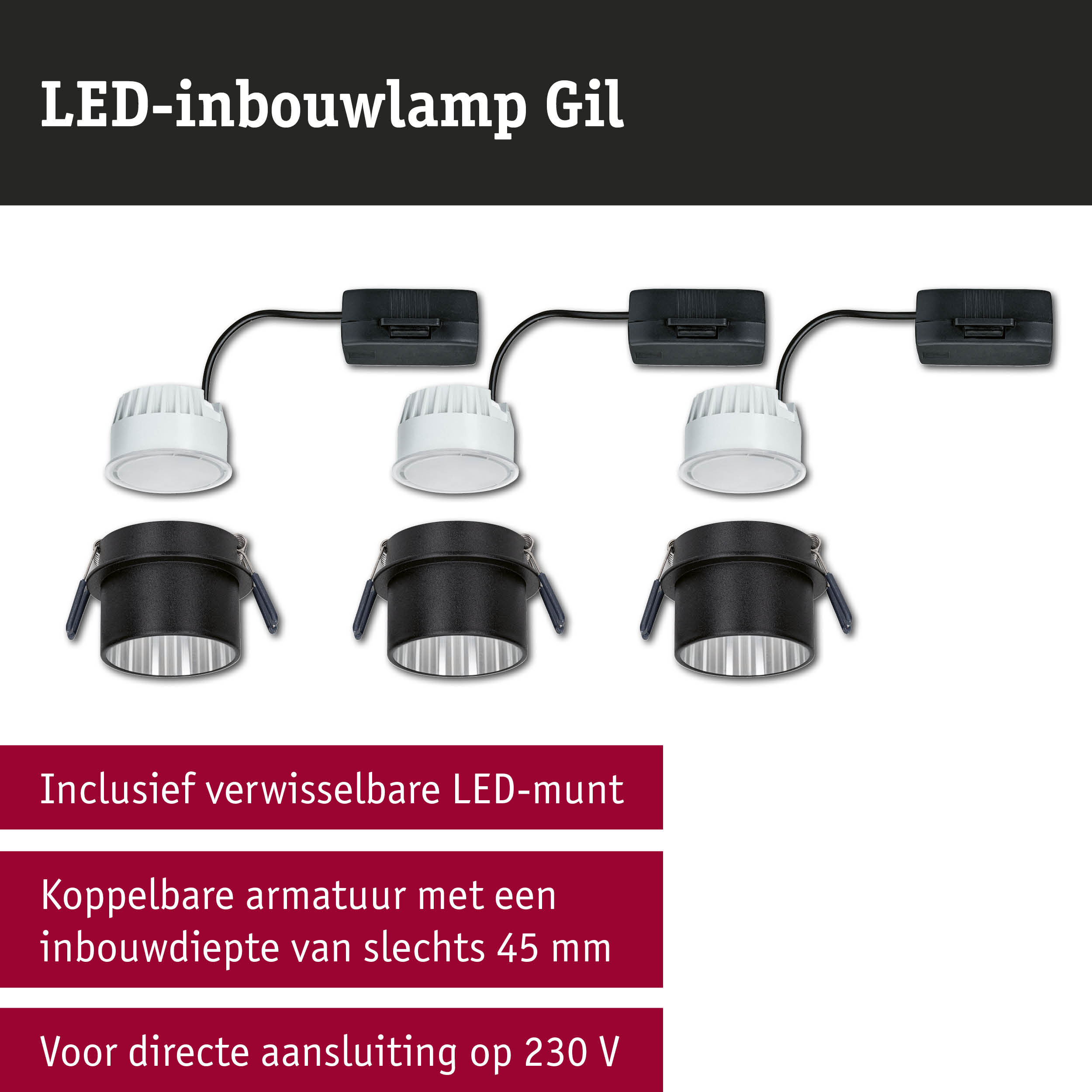 LED-inbouwlamp Gil zwart-wit met verwisselbare LED-munt en geringe inbouwdiepte