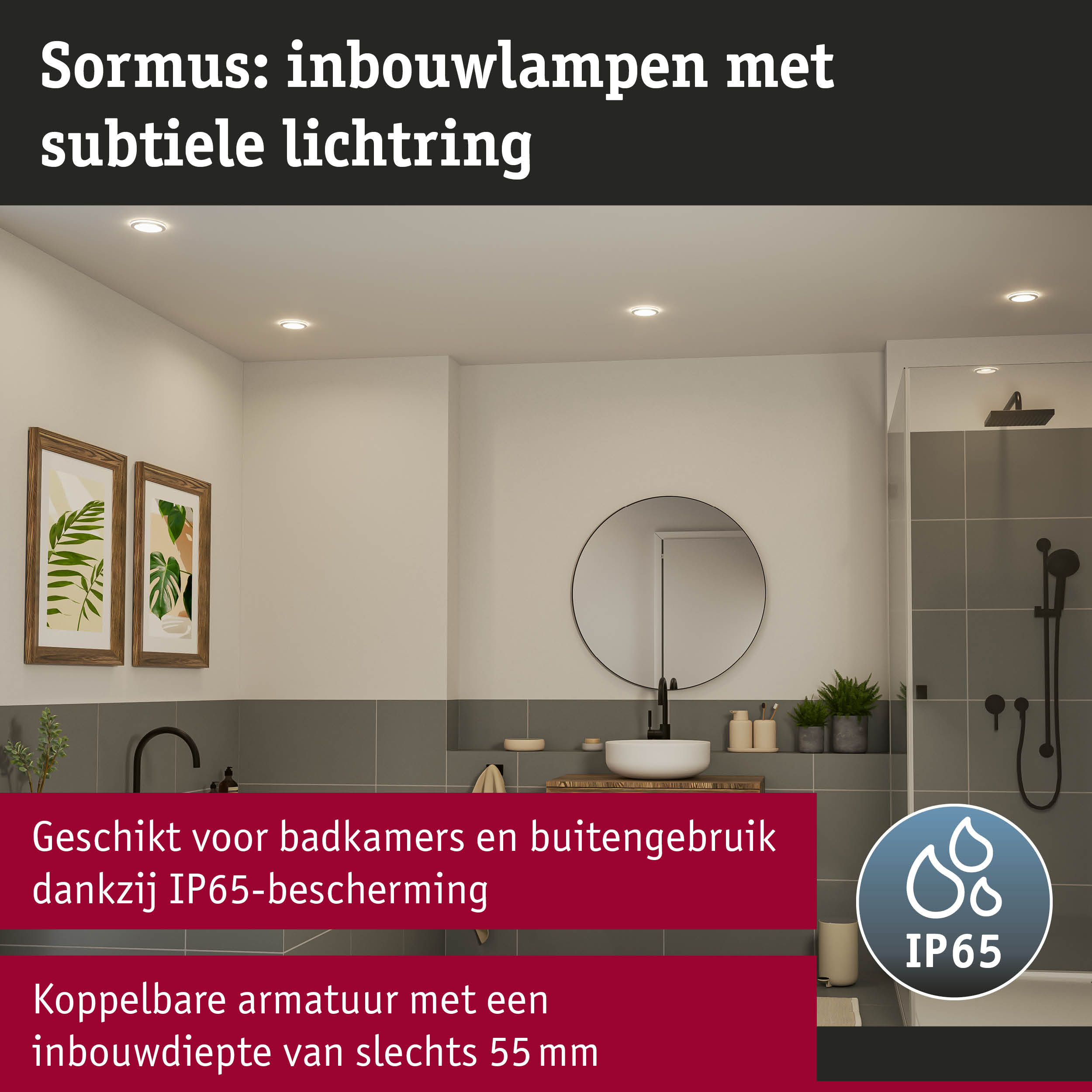 Sormus inbouwlampen met subtiele lichtring, IP65 bescherming geschikt voor badkamer en buiten