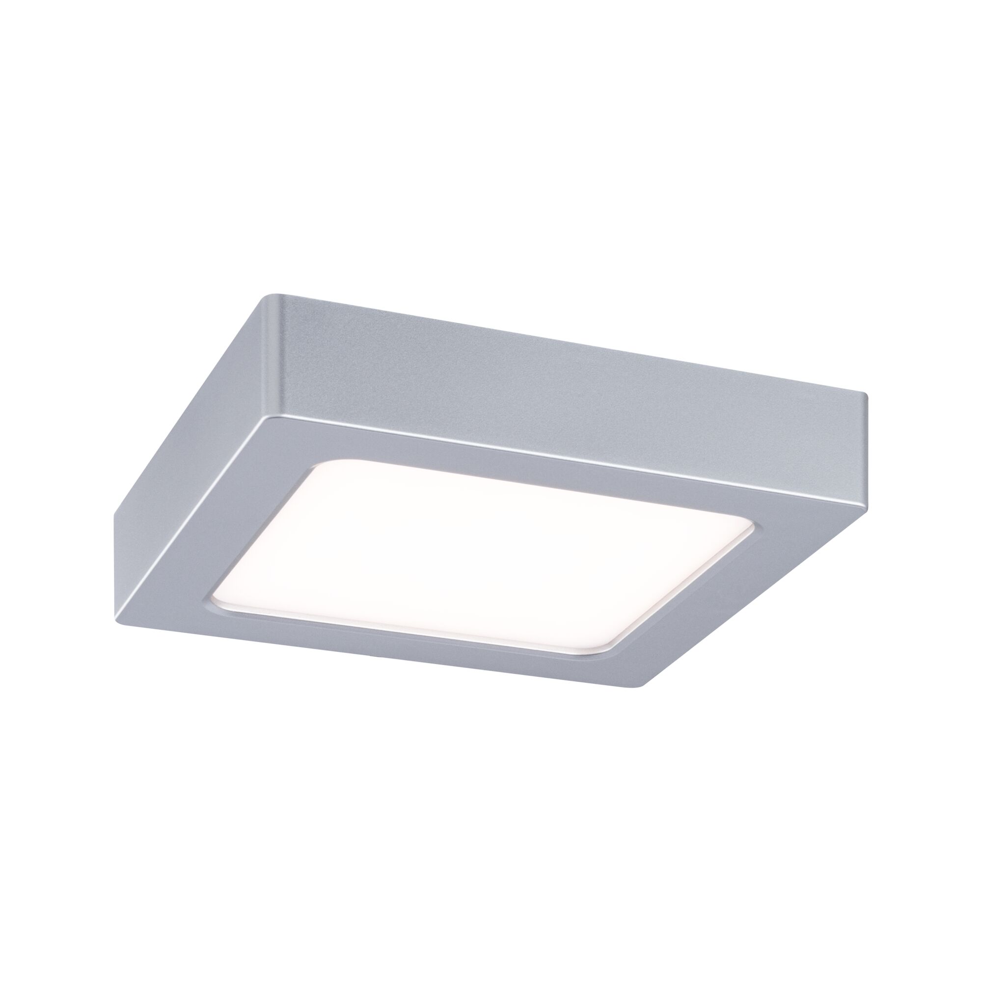 Quadratische Deckenleuchte aus silbernem Aluminium mit weißem Diffusor für moderne Innenbeleuchtung