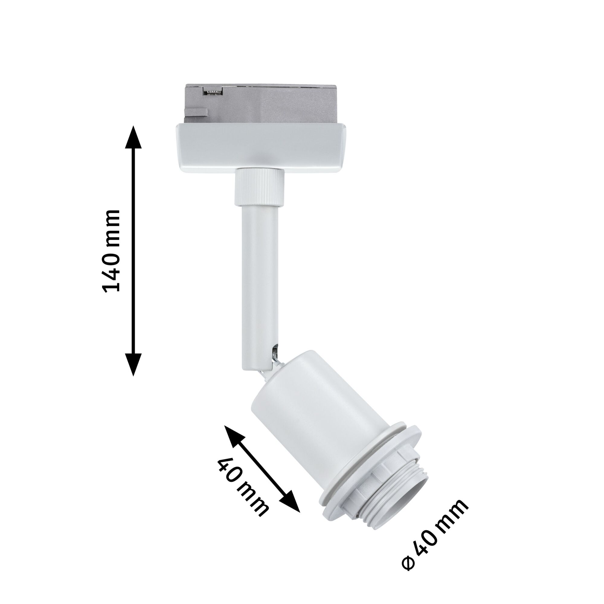 White plastic LED spotlight 140 mm high and 40 mm diameter for track lighting systems