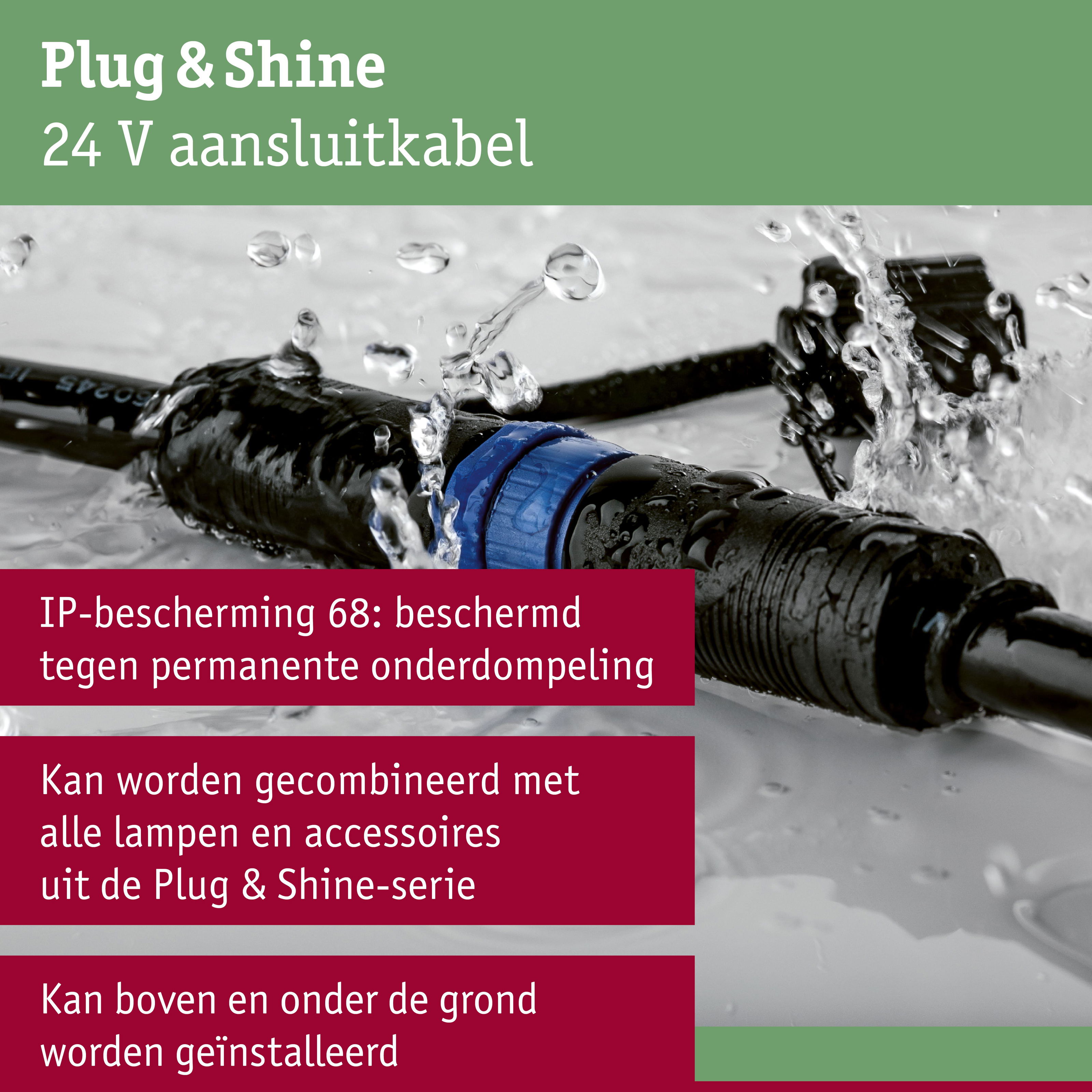 Zwart 24V Plug & Shine aansluitkabel met IP68 bescherming tegen permanente onderdompeling