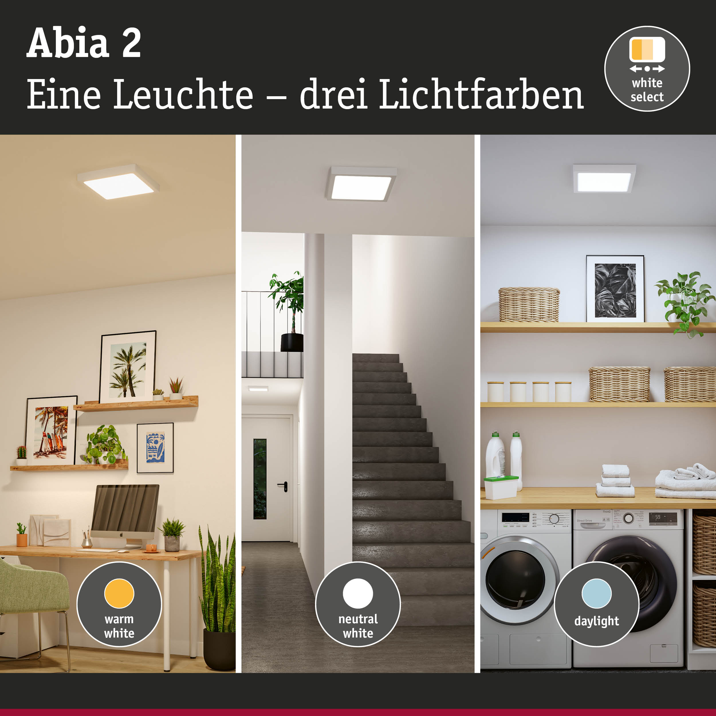 Abia 2 LED-Deckenleuchte in Weiß mit drei Lichtfarben für warmweiß, neutralweiß und Tageslicht.