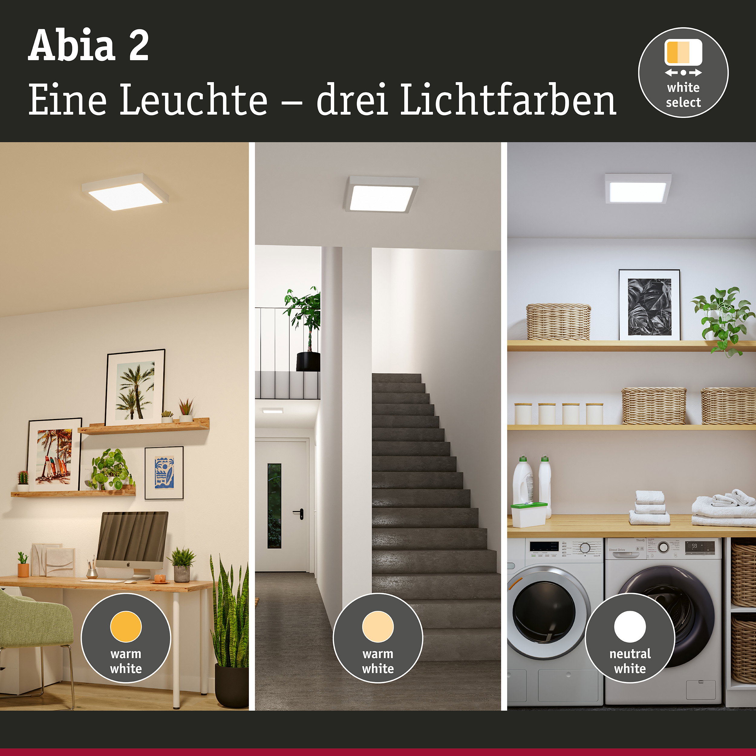 Abia 2 LED-Deckenleuchte in Weiß mit drei Lichtfarben für warmweiß, neutralweiß und Tageslicht.