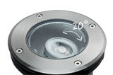 Round recessed LED spotlight in brushed stainless steel with 20° tilt for outdoor lighting