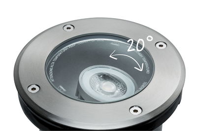 Round recessed LED spotlight in brushed stainless steel with 20° tilt for outdoor lighting