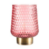 Rosa Glasleuchte mit strukturierter Oberfläche und goldfarbenem Metallfuß, dekorative Tischlampe