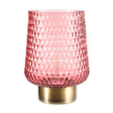 Lampe en verre rose texturé avec base en métal doré, lumière de table décorative moderne