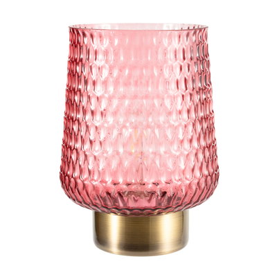 Lampe en verre rose texturé avec base en métal doré, lumière de table décorative moderne