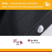 Nahaufnahme eines schwarzen Solarpanels mit integriertem Bewegungsmelder für automatisches Schalten