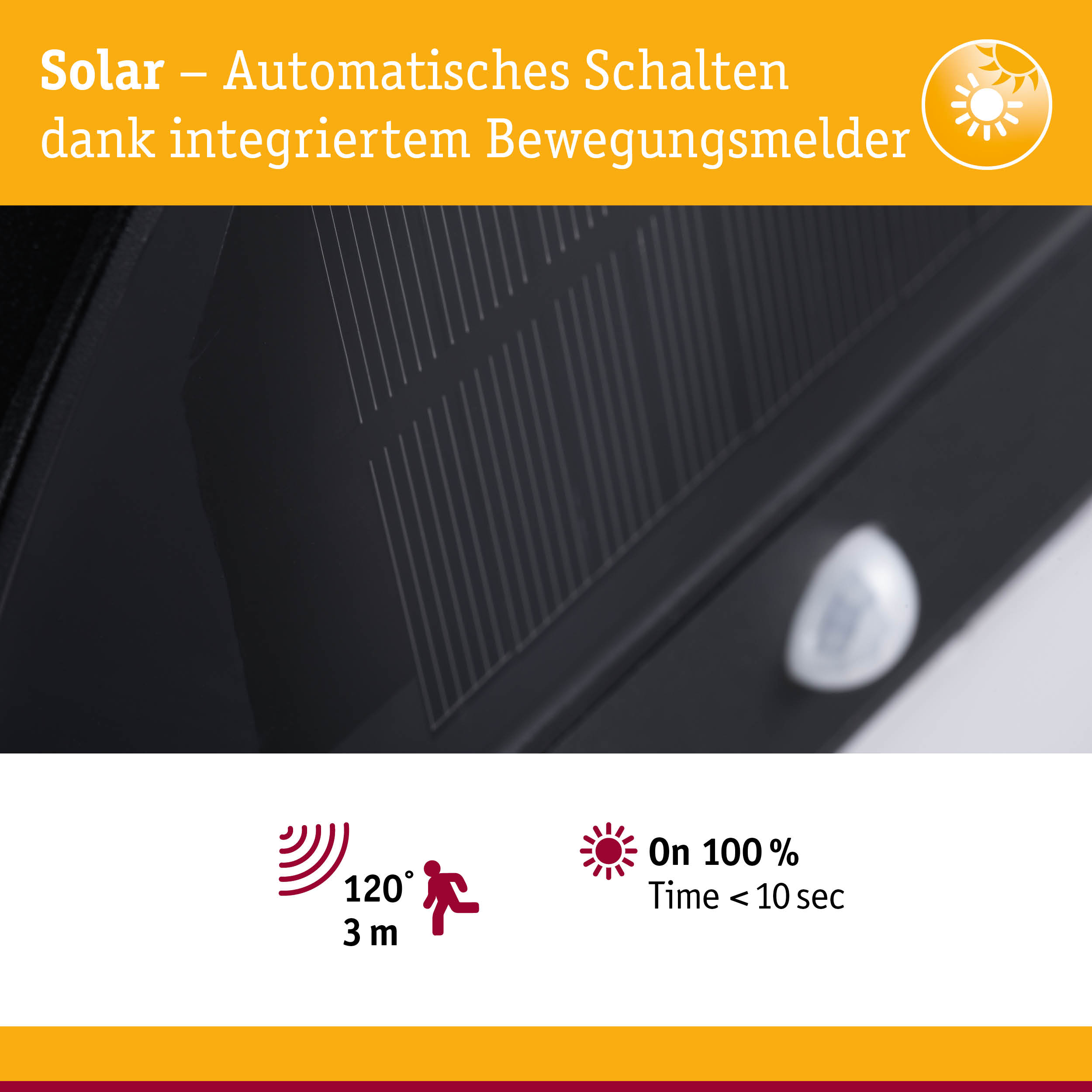 Nahaufnahme eines schwarzen Solarpanels mit integriertem Bewegungsmelder für automatisches Schalten