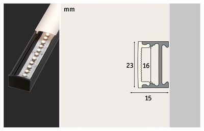 Black aluminum LED profile with milky diffuser, technical drawing showing dimensions 23x15 mm.