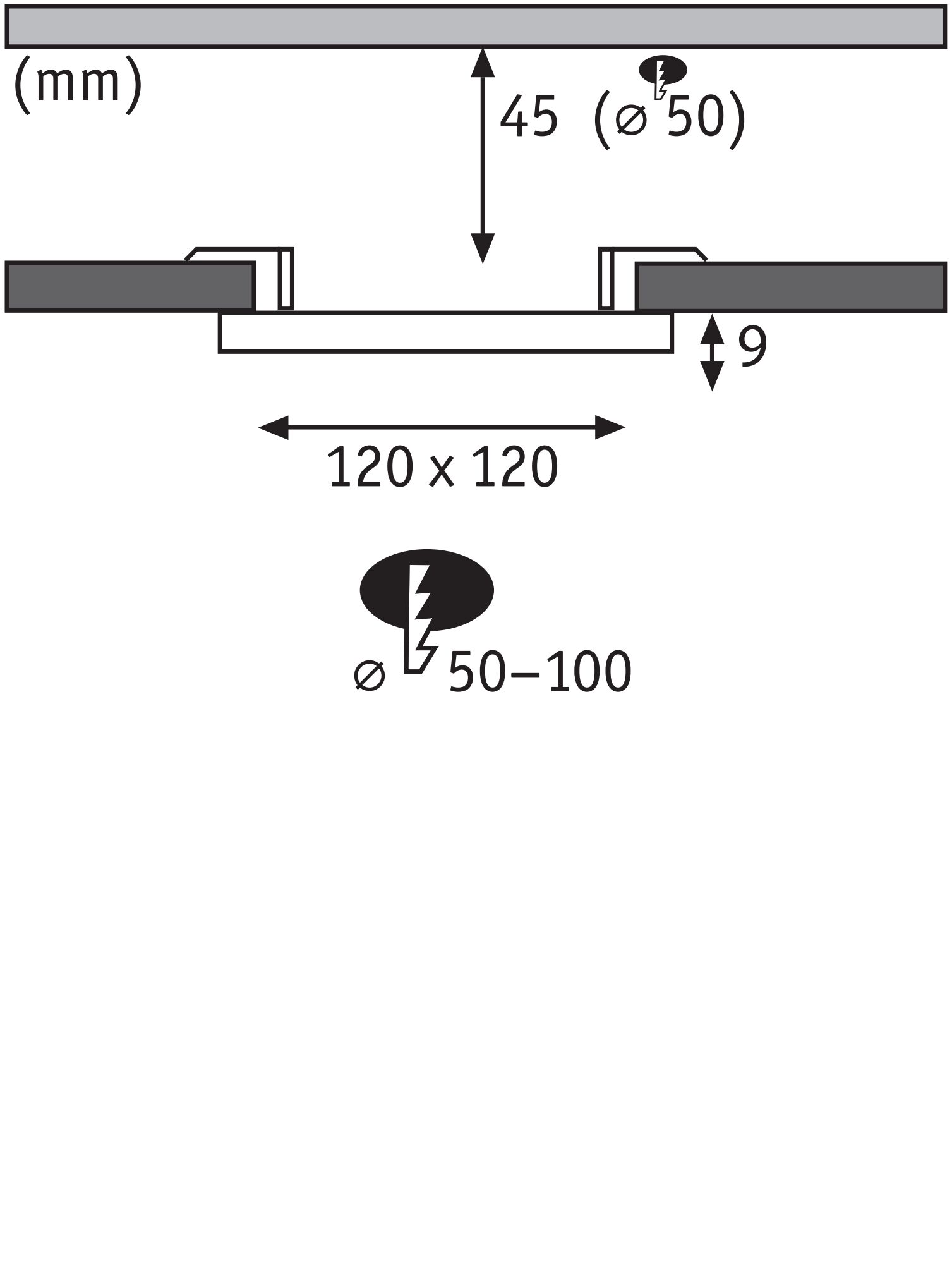 Technische Zeichnung mit Maßen 120x120 mm, 45 mm Höhe und 9 mm Tiefe für LED-Einbauleuchte