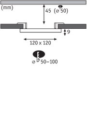 Technische Zeichnung mit Maßen 120x120 mm, 45 mm Höhe und 9 mm Tiefe für LED-Einbauleuchte