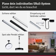 Modulares URail-Schienensystem mit weißen und schwarzen Schienen, Steckern und Pendelleuchten für flexible Beleuchtung