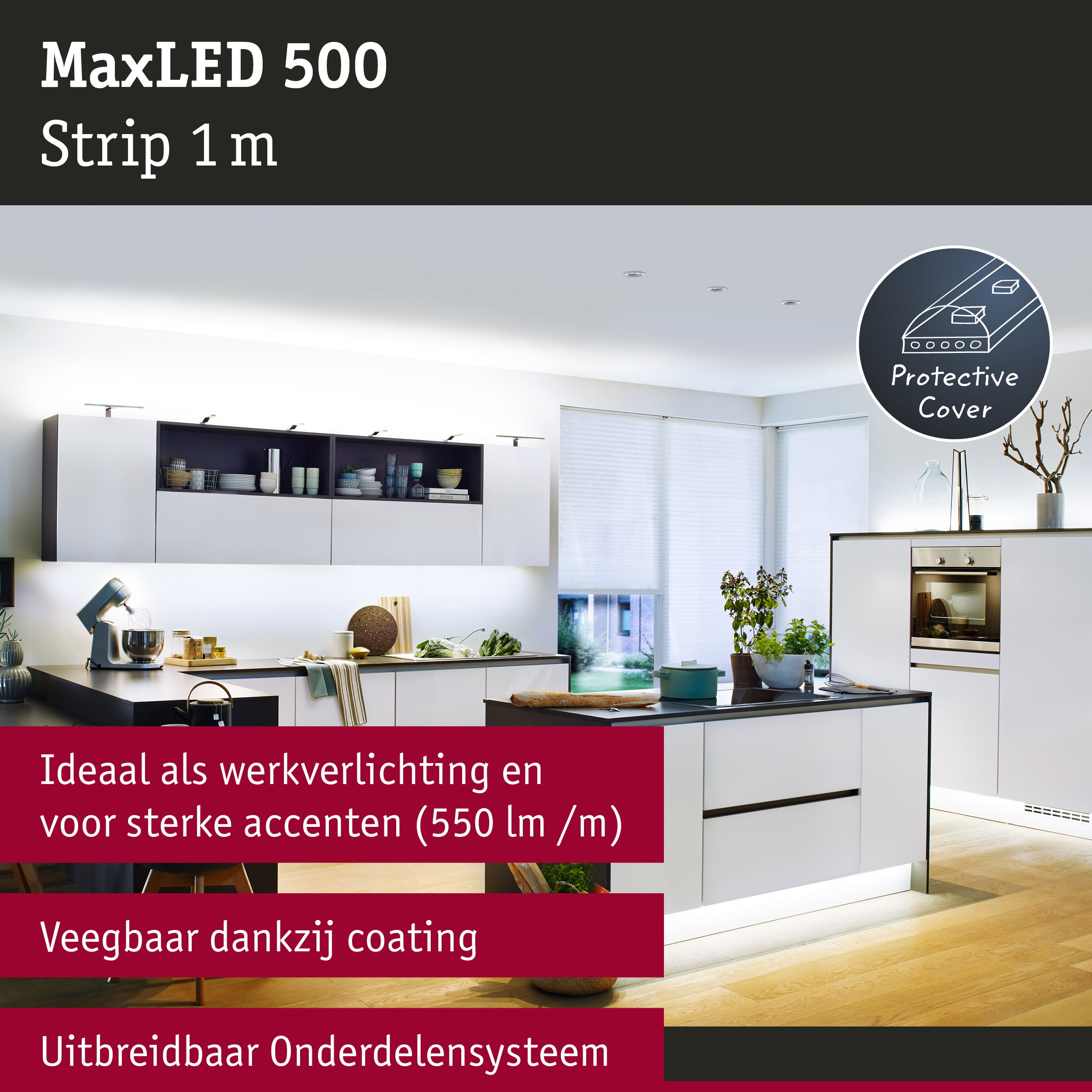 Moderne keuken met MaxLED 500 LED-strip van 1 m met beschermkap voor werkverlichting en accenten