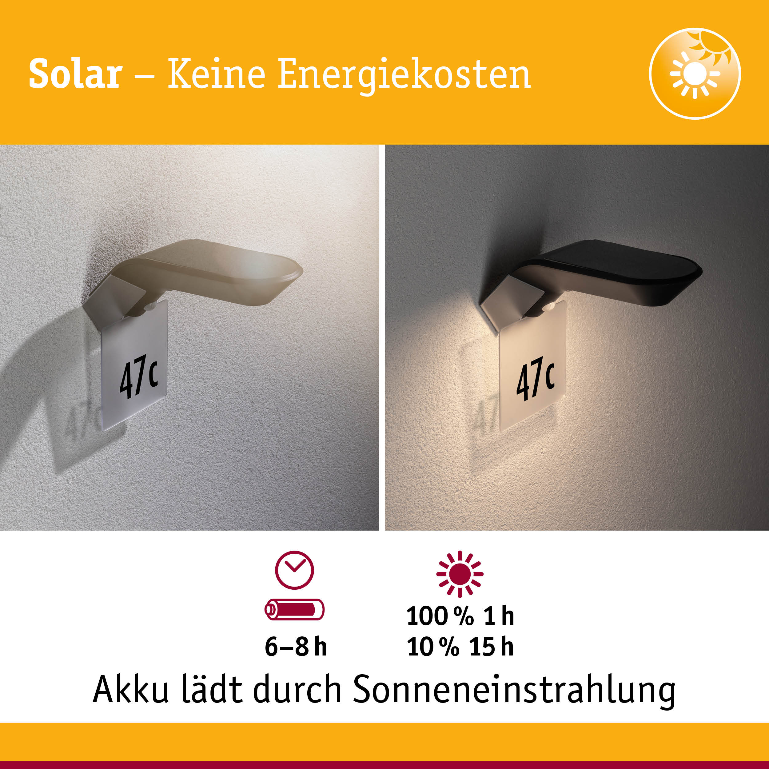 Solarbetriebene Außenwandleuchte in Schwarz mit Hausnummer 47c, energiesparende LED-Beleuchtung