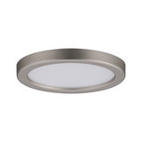 Round LED ceiling panel in brushed silver aluminum with white diffuser for modern interiors