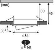Technische Zeichnung eines LED-Einbaustrahler mit 84 mm Durchmesser und 50 Grad Neigung