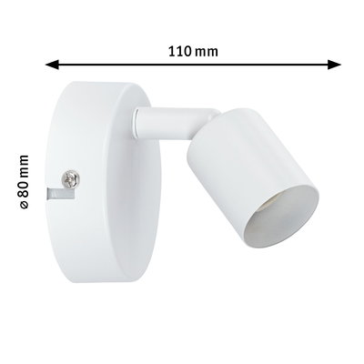 White metal LED wall spotlight measuring 110 mm length and 80 mm diameter for focused lighting