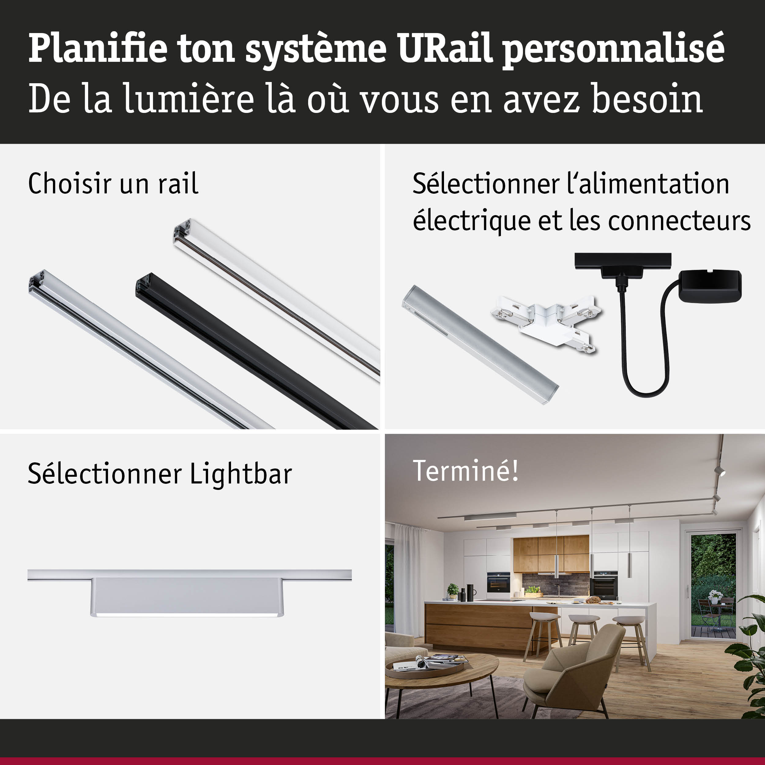 Système de rail URail modulaire en aluminium noir et blanc pour éclairage LED personnalisé