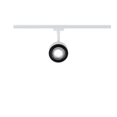 Moderner weißer LED-Strahler mit schwarzem Innenring an weißer Schiene für flexible Beleuchtung