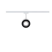 Moderner weißer LED-Strahler mit schwarzem Innenring an weißer Schiene für flexible Beleuchtung