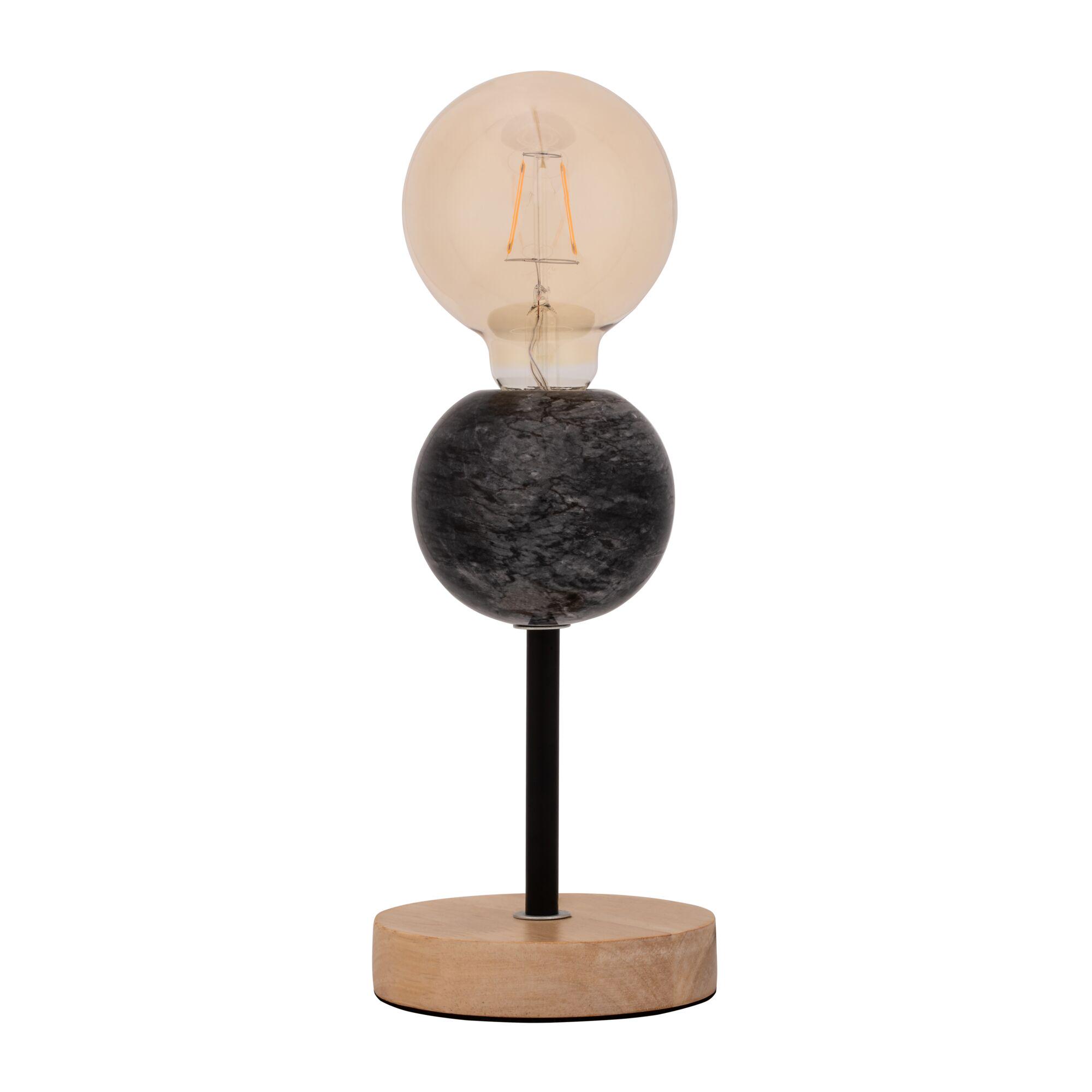 Modern table lamp with black marble body and wooden base, decorative LED bulb included