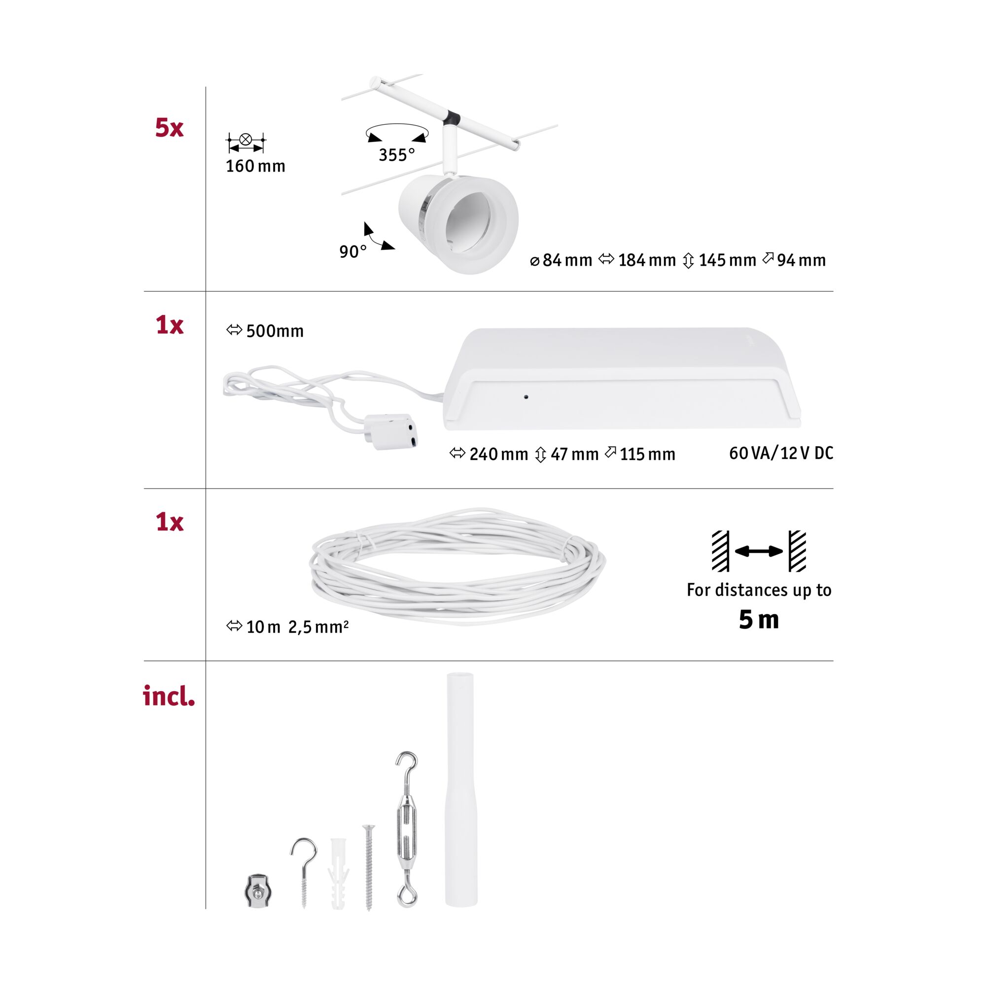 Weißer LED-Strahler mit 355° Drehung und 90° Neigung, inklusive Netzteil und 10m Kabel für Beleuchtungssysteme