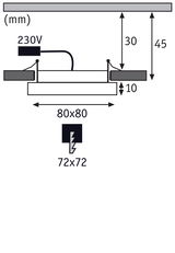 Technical drawing with dimensions for square LED recessed light 80x80 mm, installation depth 45 mm