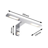 Modern chrome metal LED wall light with warm white illumination, dimensions 300x110x80 mm