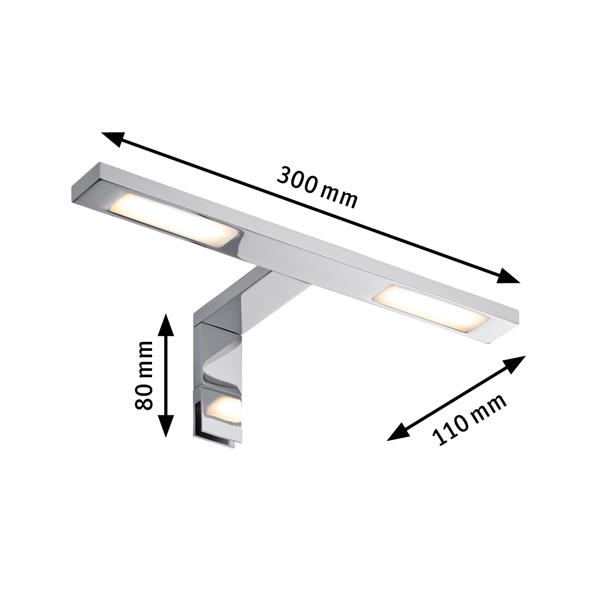Applique murale LED moderne en métal chromé avec lumière blanc chaud, dimensions 300x80x110 mm