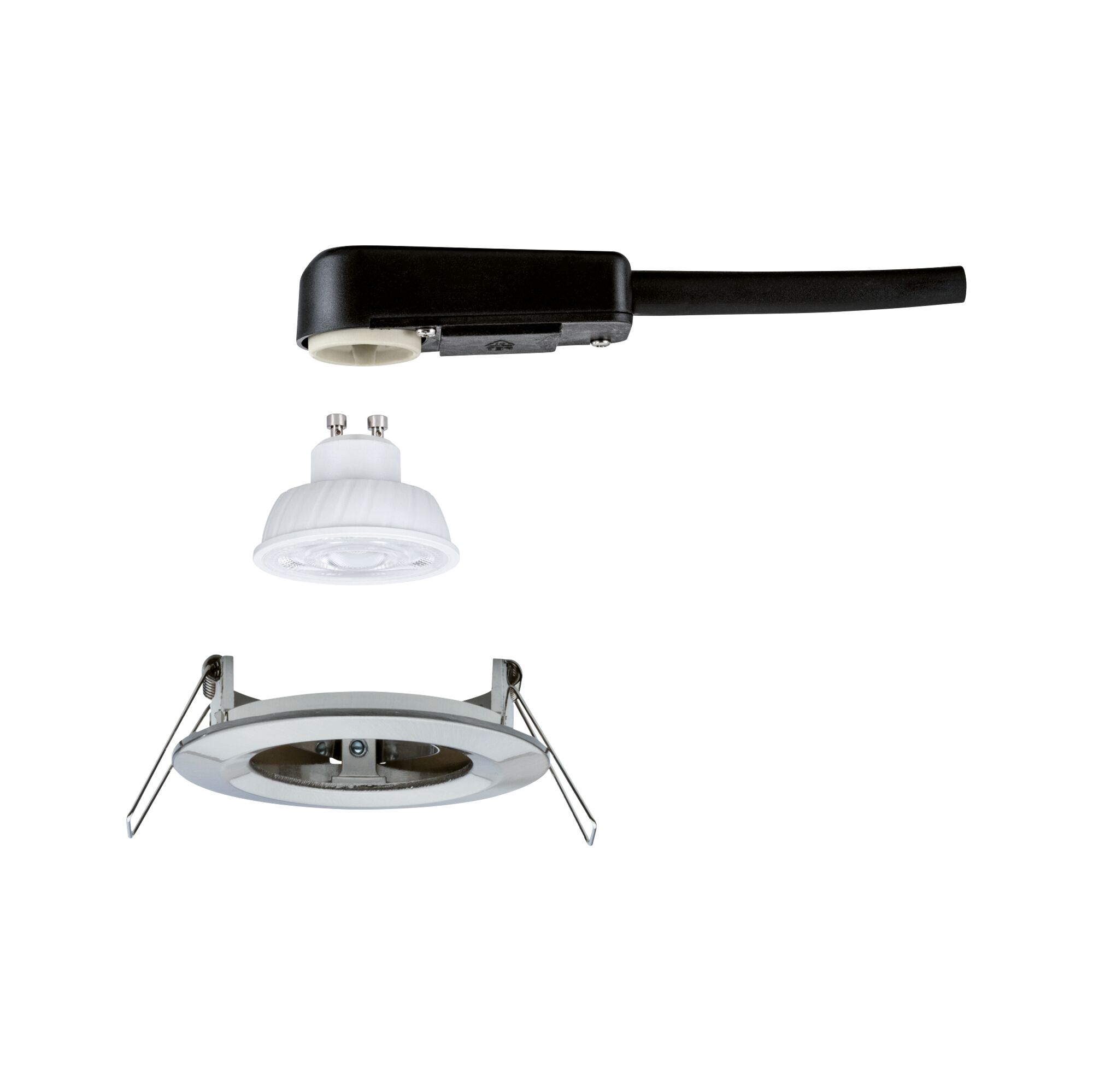 Explosionszeichnung eines weißen LED-Einbaustrahler-Sets mit schwarzem Anschlusskabel aus Kunststoff