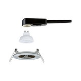 Explosionszeichnung eines weißen LED-Einbaustrahler-Sets mit schwarzem Anschlusskabel aus Kunststoff