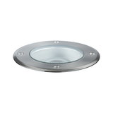 Round recessed LED floor light in brushed stainless steel with glass cover for outdoor use