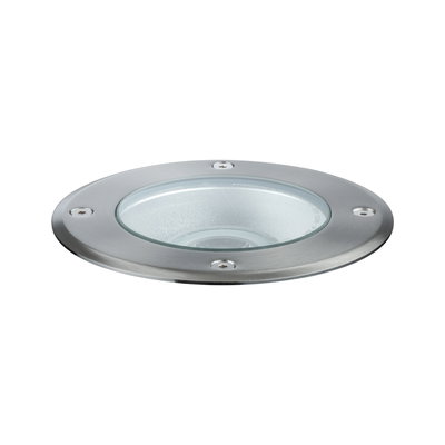 Round recessed LED floor light in brushed stainless steel with glass cover for outdoor use
